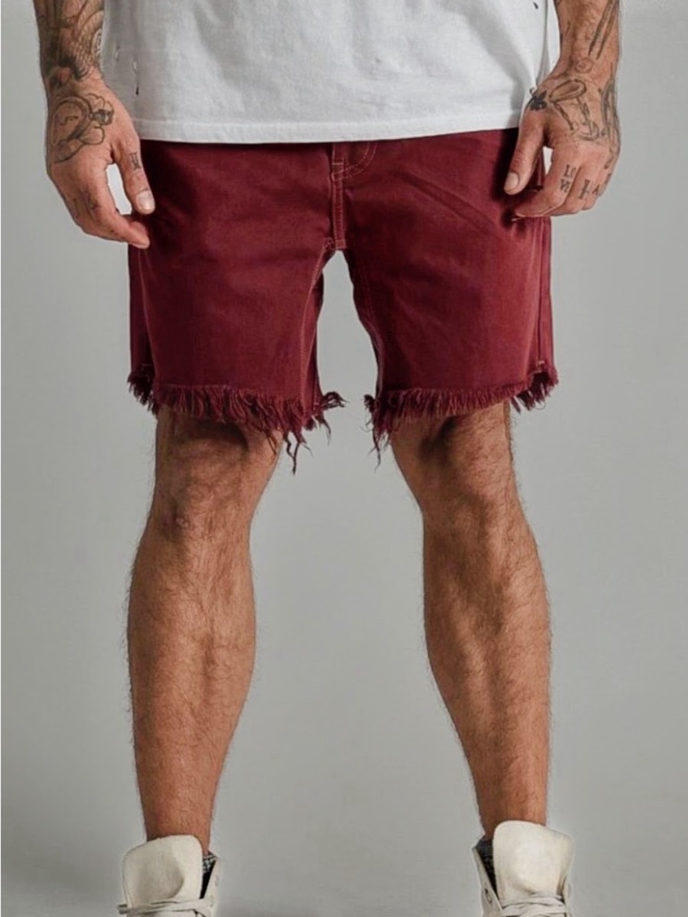 One Teaspoon Mr. Pinks Man X Men's Distressed Denim Cutoff Shorts 36 Bordeaux